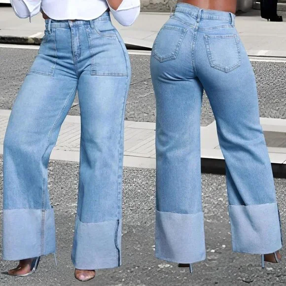 Women's Wide Leg Stretch Jeans High Waisted Baggy Casual Denim Pants - Picture 7 of 7